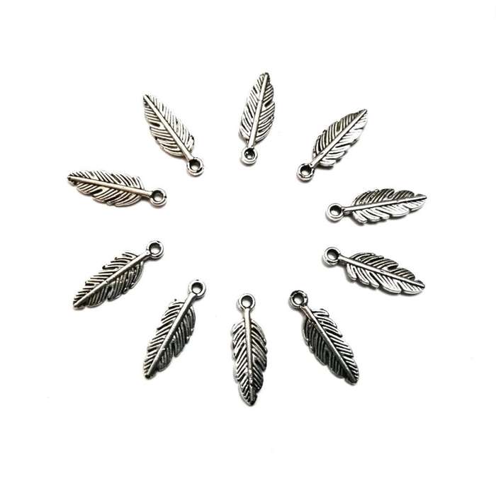 Pendants / Feather Pendants  - Silver Metal   - 100pcs - 15x5mm / Pendants for crafting