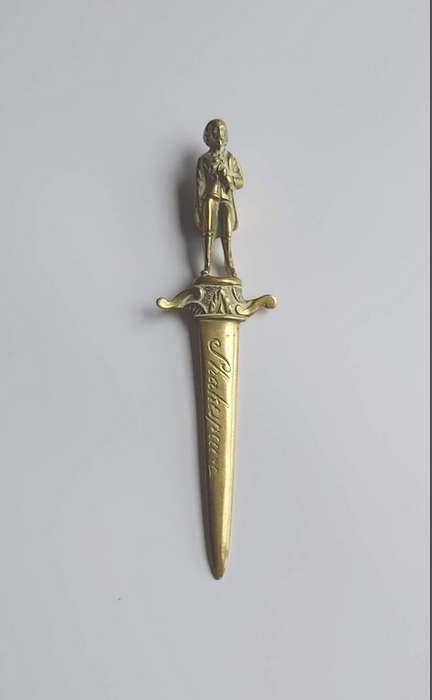 Vintage Solid Brass Letter Opener William Shakespeare, Antique England Paper Knife
