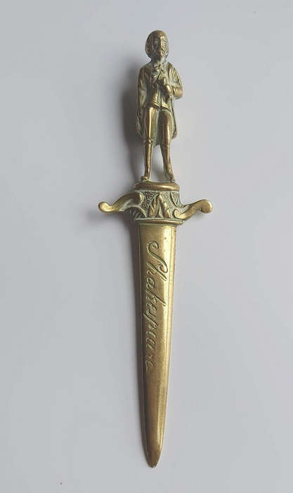 Vintage Solid Brass Letter Opener William Shakespeare, Antique England Paper Knife