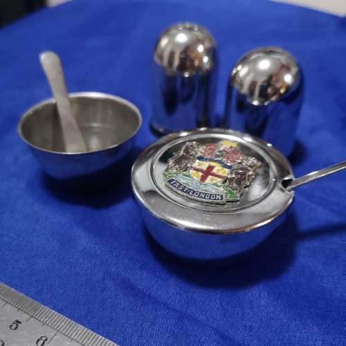 Vintage East London (UK) mini Sugar bowl with Stainless Steel Salt & Pepper shaker and Egg Holder.