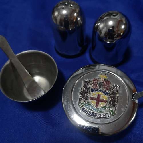 Vintage East London (UK) mini Sugar bowl with Stainless Steel Salt & Pepper shaker and Egg Holder.