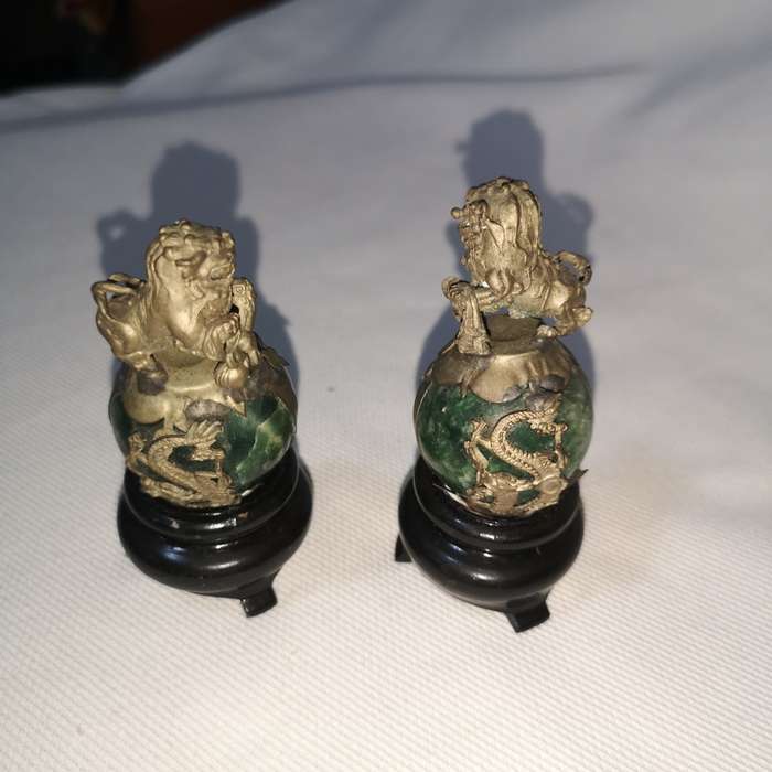 Pair of Chinese/ Tibetan Genuine Natural Green Jade HandCarved Tibetan Silver Lion Statues (2pcs)