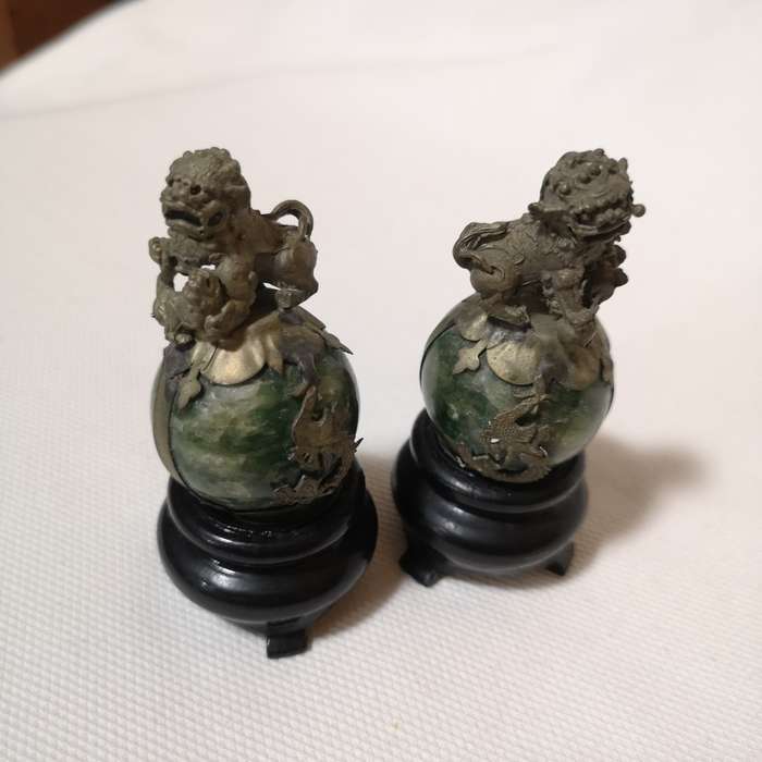 Pair of Chinese/ Tibetan Genuine Natural Green Jade HandCarved Tibetan Silver Lion Statues (2pcs)