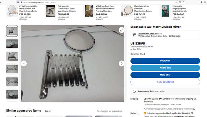 Expandable Wall Mount 2 Sided Mirror. Unused