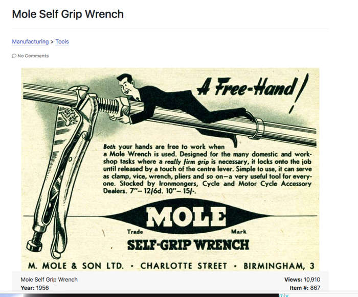 1960s `Mole` Self-Grip Wrench Made in GT Britain.
