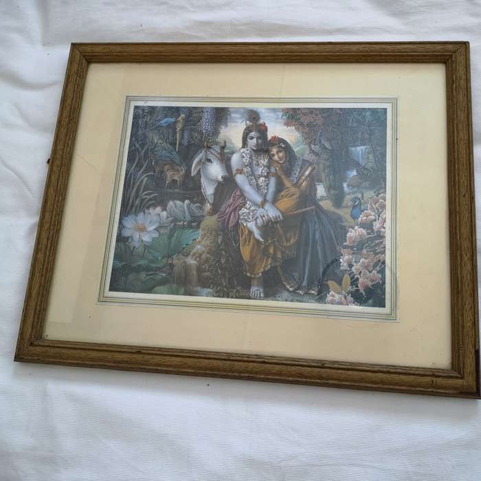 Vintage Vishnu Dasa Color Lithograph- Radha and Krishna- Vintage framed in wood frame