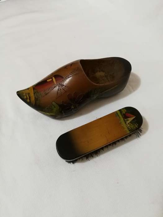 Vintage Wooden Holland Clog Shoe and Brush Wall Hanging.