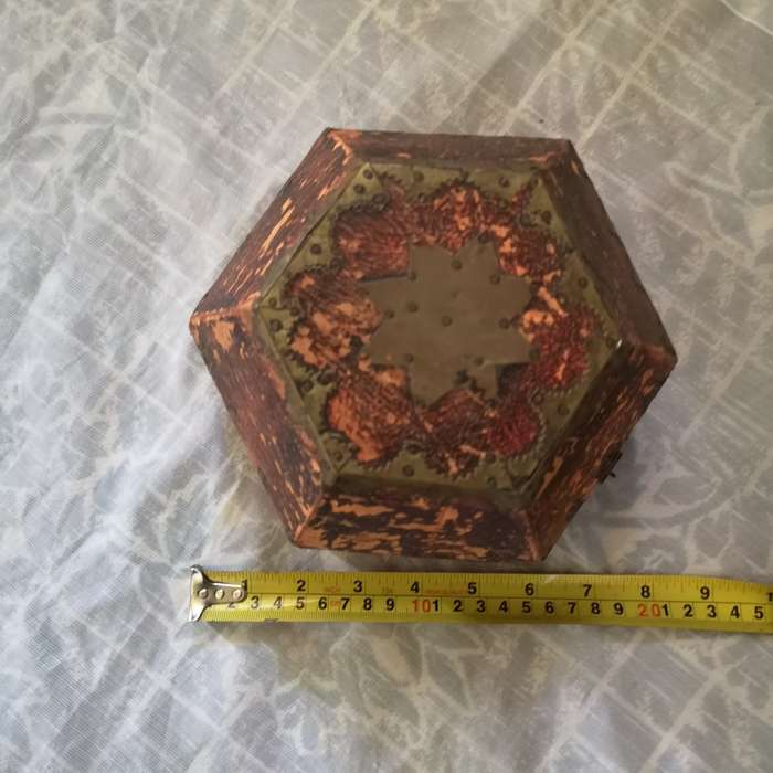Beautiful Vintage Handmade Trinket Box Brass Design and Tacks Red