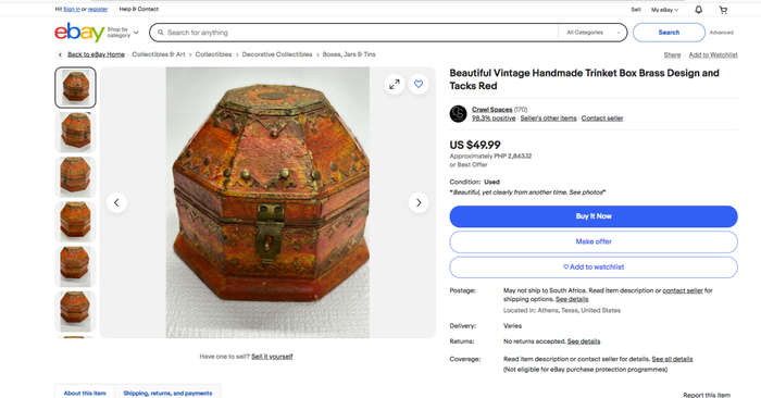 Beautiful Vintage Handmade Trinket Box Brass Design and Tacks Red