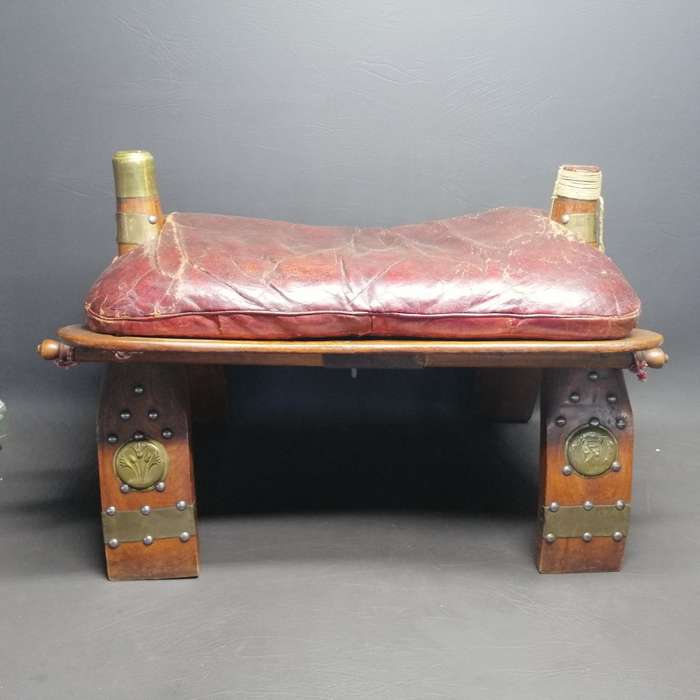 RARE!!! Antique Egyptian Wood and Leather With Brass Trim Camel Saddle Chair!!!