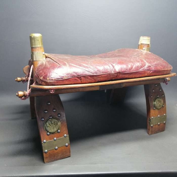 RARE!!! Antique Egyptian Wood and Leather With Brass Trim Camel Saddle Chair!!!