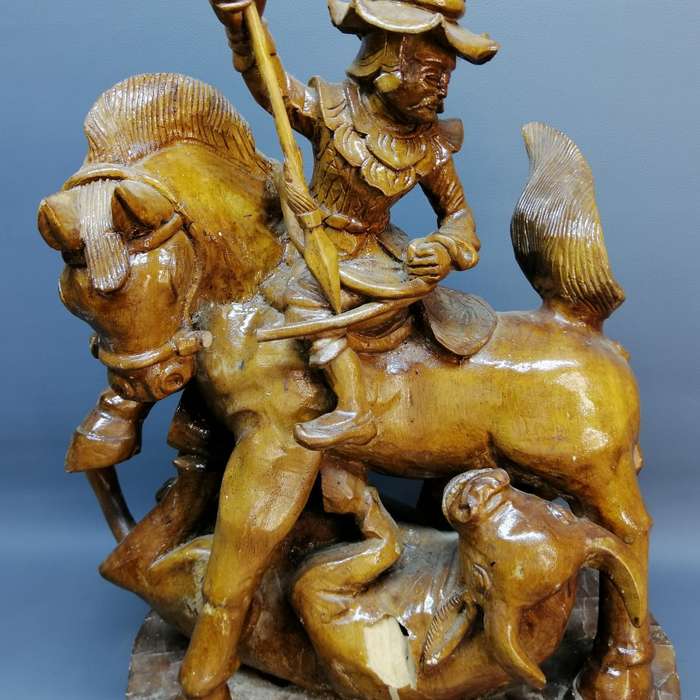 Large Vintage Mongolian Carving Depicting A Bull Kill From Horse Back!!!