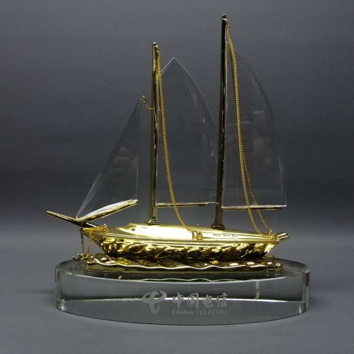 RARE!!! Large Boxed China Telecom Glass and Metal Yacht Paperweight!!!