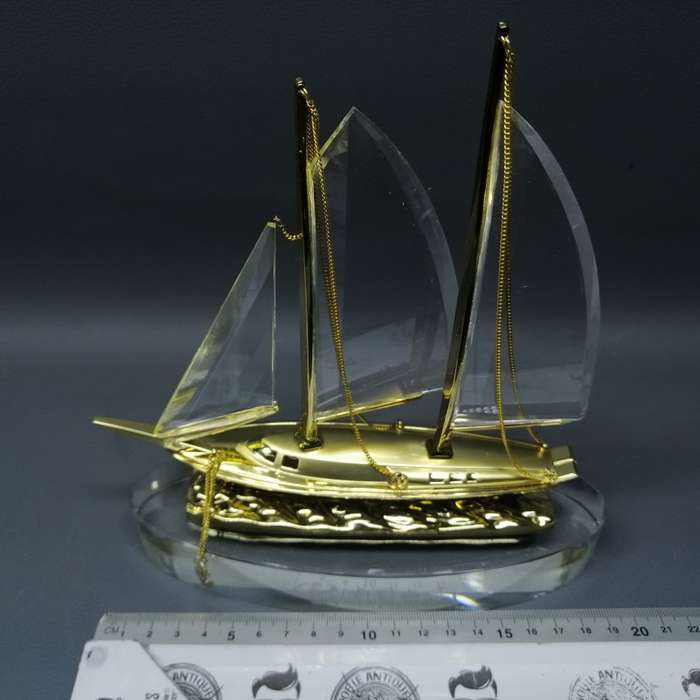 RARE!!! Large Boxed China Telecom Glass and Metal Yacht Paperweight!!!