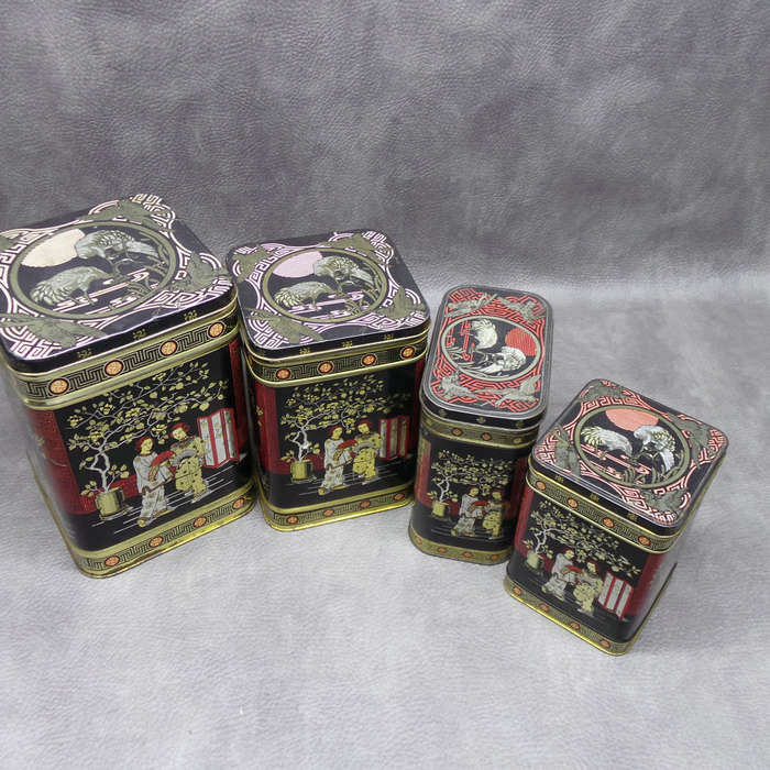 COOL!!! Large Oriental Themed Lithographed Tin Kitchen Containers!!! Bid For All!!