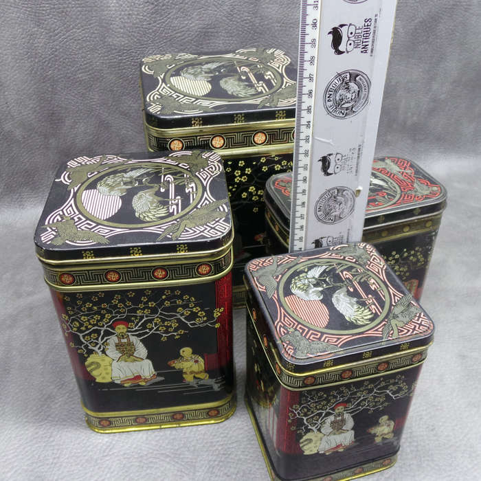 COOL!!! Large Oriental Themed Lithographed Tin Kitchen Containers!!! Bid For All!!
