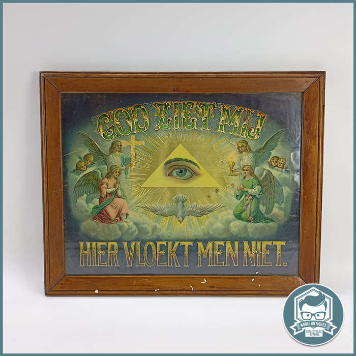 Antique Dutch catholic poster which reads `God sees me, cursing is not allowed here`. Circa 1900!!!