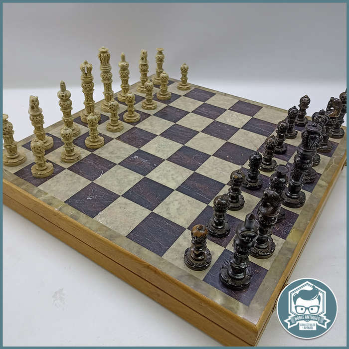 Large 40cm Wood and Marble Cased Black And Brown Handcrafted Marble Chess Set!!!