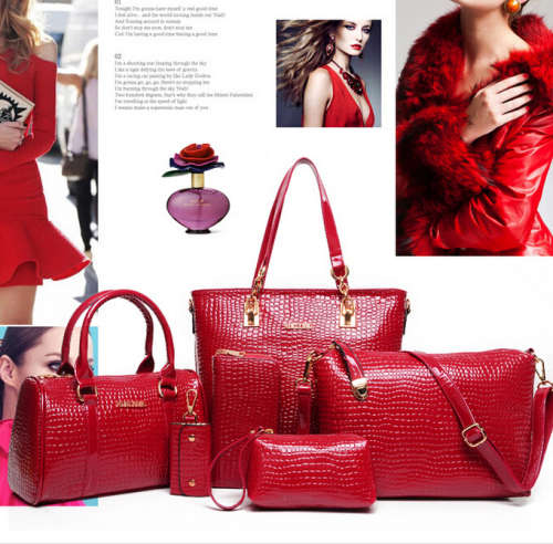 6 pieces set handbag, Red color, corss shoulder, barrel, cosmetic, purse, keys. Stock in ZA