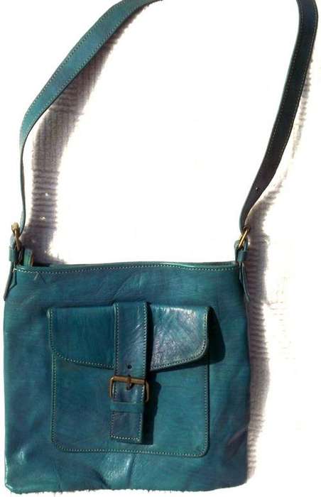 Handmade Moroccan Imported Blue Leather Handbag with buckle front- 27 x 25 cm