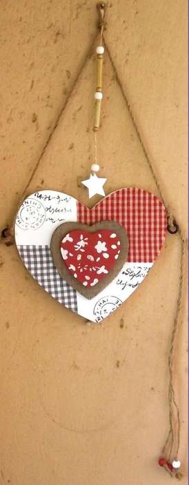 Triple heart wood & material wall hanging - 24 x 40 cm