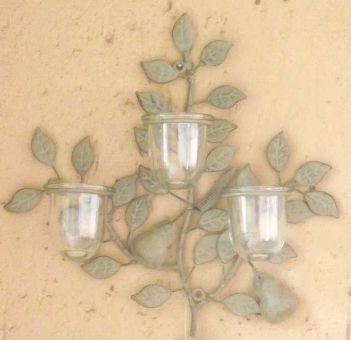 Rustic Pear design three tea light candle iron wall hanging