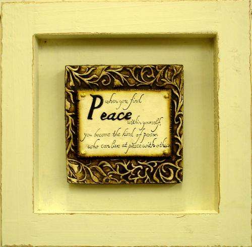 Peace block in rustic wood frame wall hanging - 37 x 37 cm