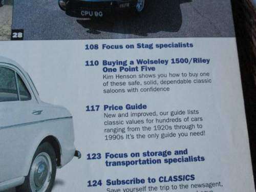 CLASSICS MAGAZINE NOV 2001 ( ROVER P4, WOLSELEY 1500, RILEY ONE POINT FIVE, METROPOLITAN, STAG )