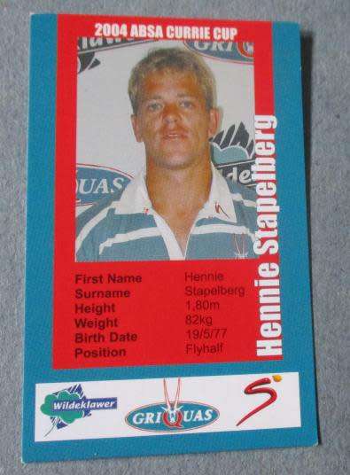 HENNIE STAPELBERG   - GRIQUAS RUGBY - 2004 RUGBY CURRIE CUP - SUPER SPORT COLLECTORS  CARD