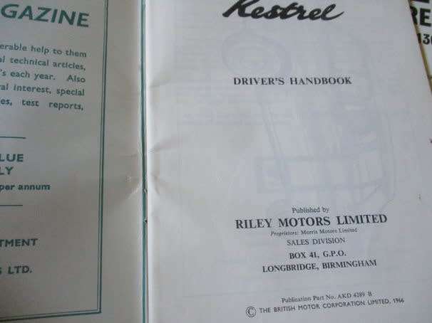 RILEY KESTREL  DRIVER`S HANDBOOK & RILEY KESTREL MK II AND 1300  DRIVER`S HANDOOK SUPPLEMENT