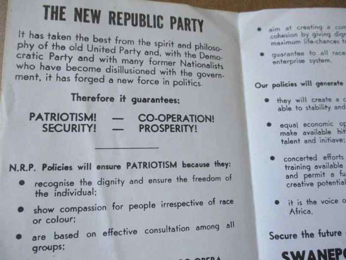 NRP / NEW REPUBLIC PARTY - GROOTE SCHUUR - SWANEPOEL & BOTHA - BROCHURE / PAMPHLET