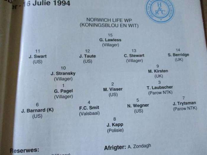 WP vs TVL 16 JULY 1994  - RUGBY PROGRAMME