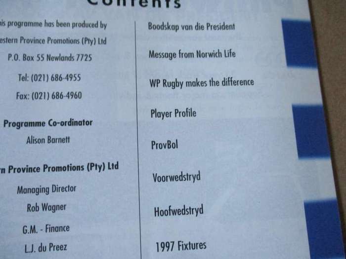 WP vs BOLAND 14 MEI  1997 - RUGBY PROGRAMME