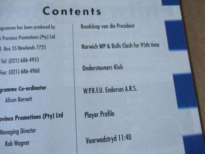 WP vs NORTHERN TRANSVAAL 4 OCTOBER   1997 - RUGBY PROGRAMME