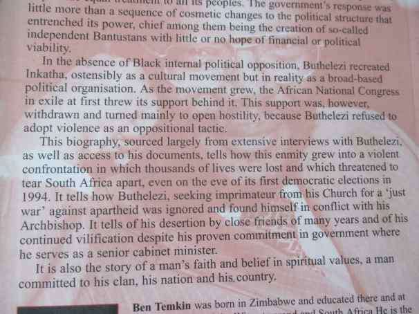 BUTHELEZI - A BIOGRAPHY -  BEN TEMKIN  ( SIGNED - INSCRIBED TO THE AMBASSADOR OF SWEDEN )