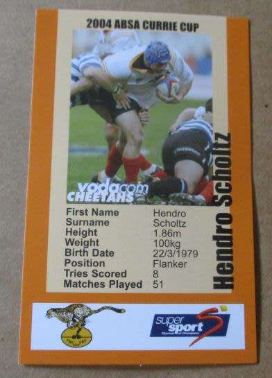 HENDRO SCHOLTZ  - CHEETAHS  RUGBY - 2004 CURRIE CUP SUPER SPORT  COLLECTORS CARD