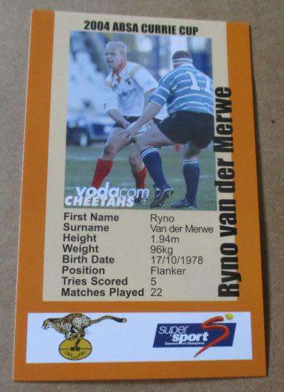 RYNO VAN DER MERWE  - CHEETAHS  RUGBY - 2004 CURRIE CUP SUPER SPORT  COLLECTORS CARD