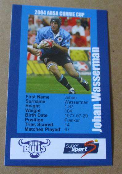 JOHAN WASSERMAN   - BLUE BULLS RUGBY - 2004 RUGBY CURRIE CUP - SUPERSPORT COLLECTOR`S CARD