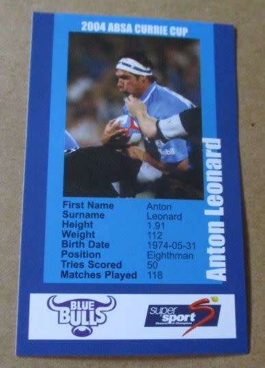 ANTON LEONARD   - BLUE BULLS RUGBY - 2004 RUGBY CURRIE CUP - SUPERSPORT COLLECTOR`S CARD