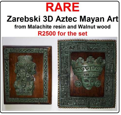 RARE Two Pieces of Zarebski 3D Mayan Aztec Art, in Malachite Resin and Walnut Wood