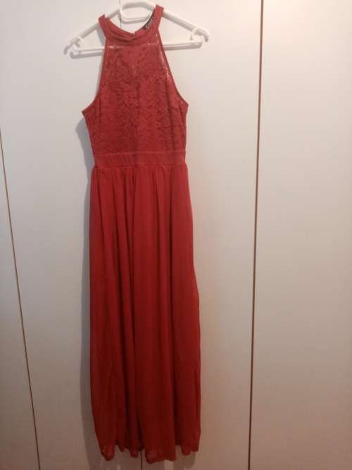 Red halterneck evening dress L