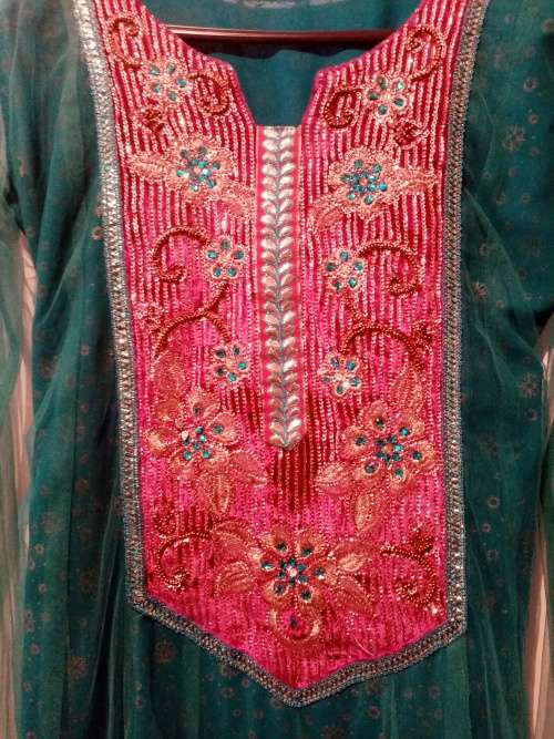 Turquoise sequenced net Punjab suit with dress, pants and scarf size 34-36 as new