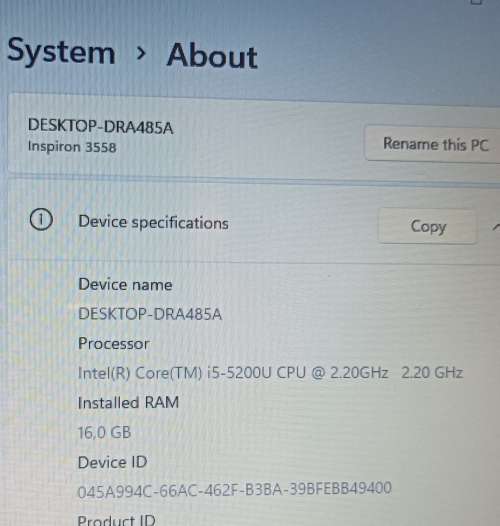 Dell Inspiron 15 3558, i5-5200U@2.2GHz, Nvidia GeForce 920M GPU 2GB VRAM, 16GB RAM, 256GB SSD