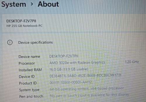 HP 255 G8, AMD 3020e with Radeon Graphics, 16GB RAM, 256GB M.2 NVMe SSD, 15.6` 1366x768 LED display