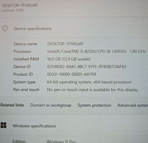 Dell Latitude 5590, 8th Gen i5-8250U@1.6GHz, 16GB RAM, 256GB m.2 SSD, 15.6` FHD Display, Win 11