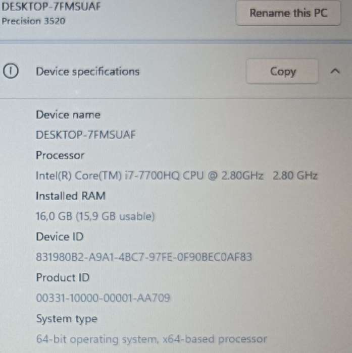 Dell Precision 3520, Nvidia Quadro M620 GPU, Intel i7-7700HQ@2.8GHz, 16GB RAM, 256GB m.2 SSD