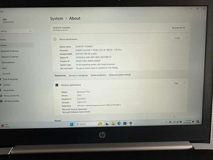 HP ProBook 450 G5  Core i7-8550U, 8GB RAM, 256GB NVMe SSD,, 15.6` FHD Display NVIDIA GEFORCE 930MX