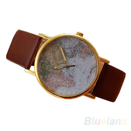 GOOD WOMENS WORLD MAP WATCH TRENDY LEATHER ANALOG QUARTZ WRIST WATCH