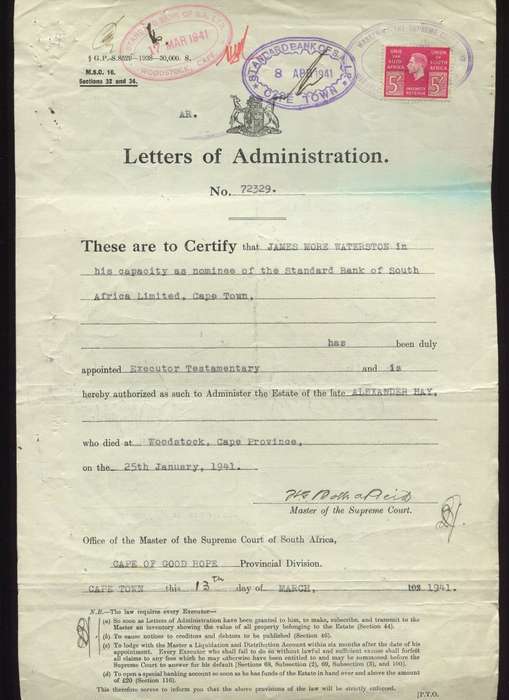 Union of SA - Document - Letters of Administration - 5 /- 1938 Stamp