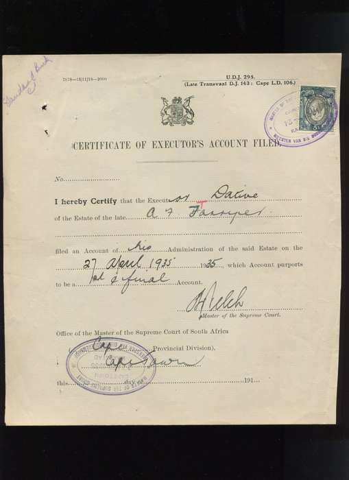 Union of SA - Document - Certificate of Executor s Account Filed - 5 /- 1931 Stamp